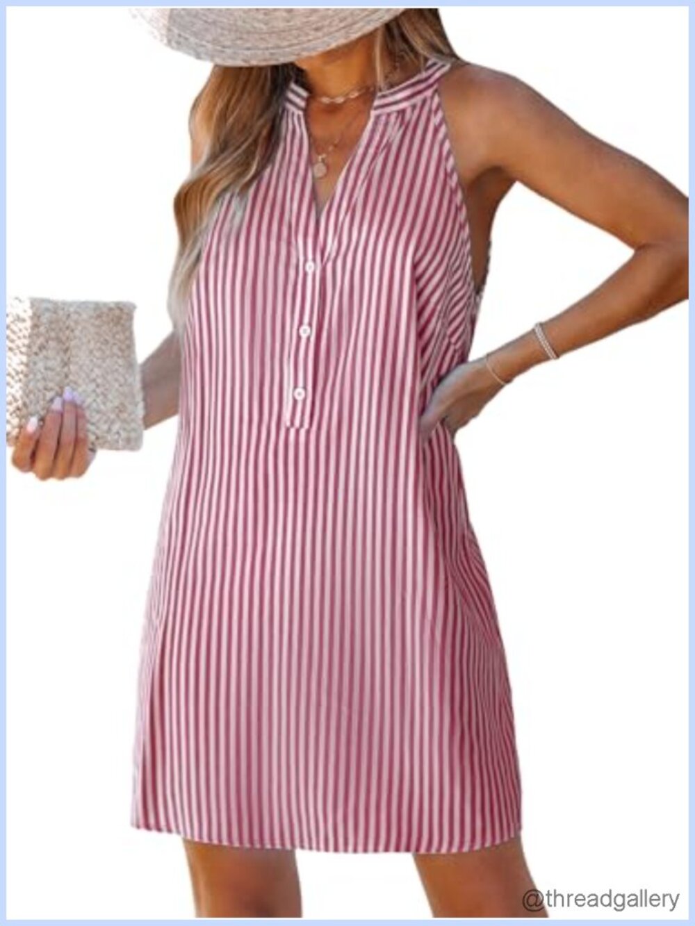Striped Halter V-Neck Button Up Mini Shift Dress Sleeveless A-Line